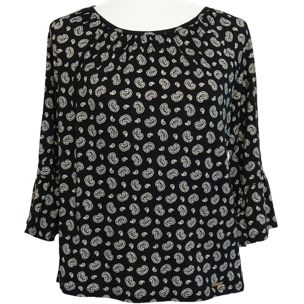 MICHAEL Michael Kors Black Bell Sleeve Paisley Print Blouse Boho Modern